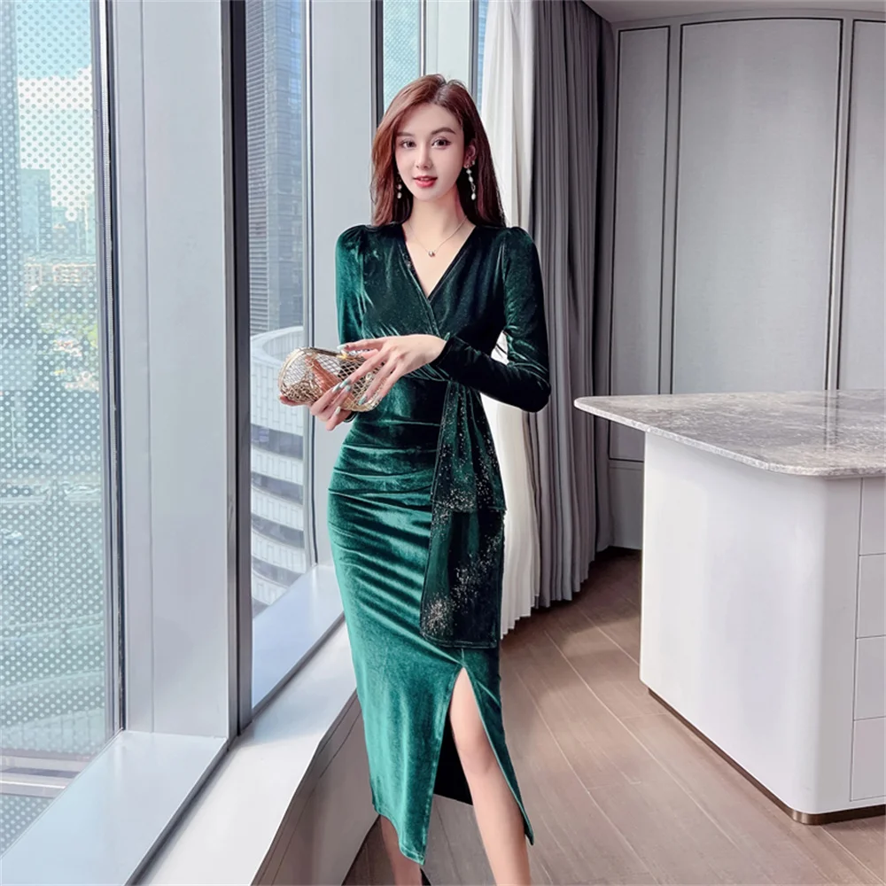 

Women Formal Party Dress 2023 New in Korean V Neck Hip Wrap Long Sleeves Slim Dress Female Bodycon Casual Office Long Dresses