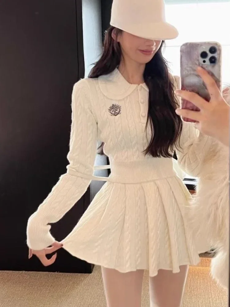 

2024 Autumn Preppy Style Knitted Clothing Suit Woman Slim Kawaii Swearter Tops Casual Y2k Mini Skirt Woman Fashion 2 Piece Set