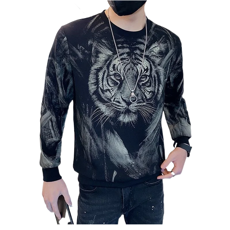 Men's Trendy Brand Tiger Print hoodies Spring and Autumn Trendy Cool Round Neck All-match Sweatshirts Top