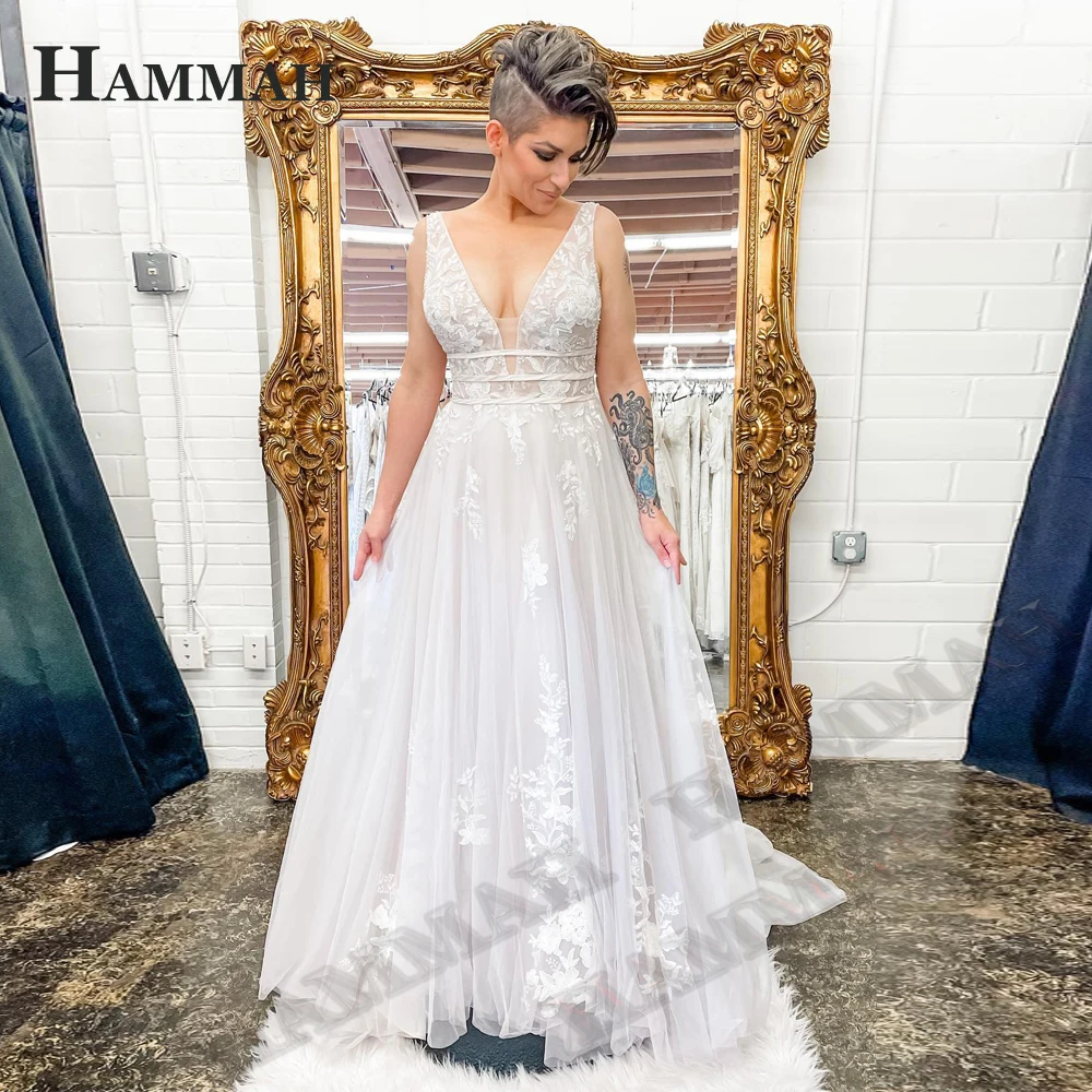 

HAMMAH Modern A Line Tank Wedding Dresses Appliques V Neck Sleeveless Court Train Tulle Backless Vestidos De Novia Personalised