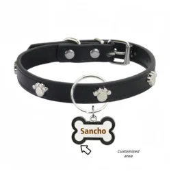 Premium Leather Dog Collar with Personalized Bone - Shaped Tag and Engraved Details - M (Black)