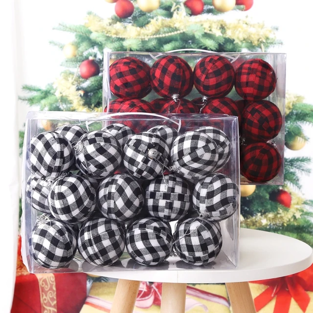 24pcs Christmas Plaid Ball Christmas Tree Ornaments Plaid Fabric Christmas Balls Xmas Hanging Tree Pendants Noel Navidad 2024 2