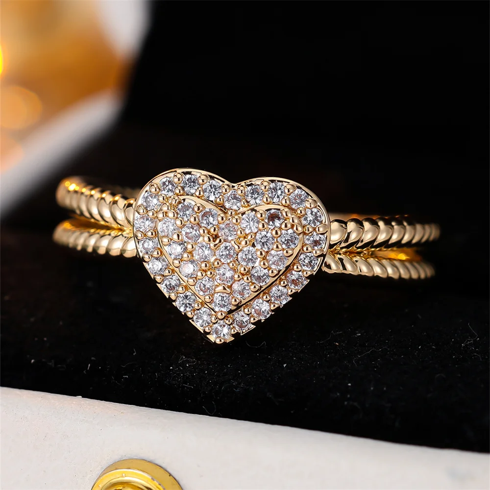 Fashion Love Heart White Zircon Rings For Women Vintage Gold Color Engagement Bands Wedding Jewelry Bridal Valentine's Day Gifts