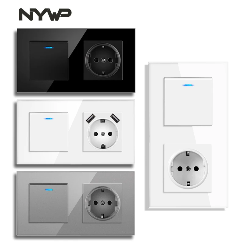 Presa Nywp Con Interruttore A Levetta, Presa A Muro 220V 16A Con Pannello In Vetro Usb 157*86 Con Interruttore Luce Uscita 1Gang 1/2/3Way