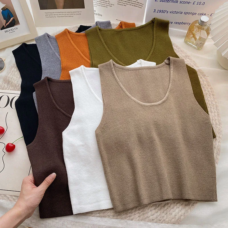 

Rin Confa Women New Knitting Tops Fashion O-Neck Sleeveless Crop Top Pure Colour Casual All-Match Tank Top Short Slim Camis