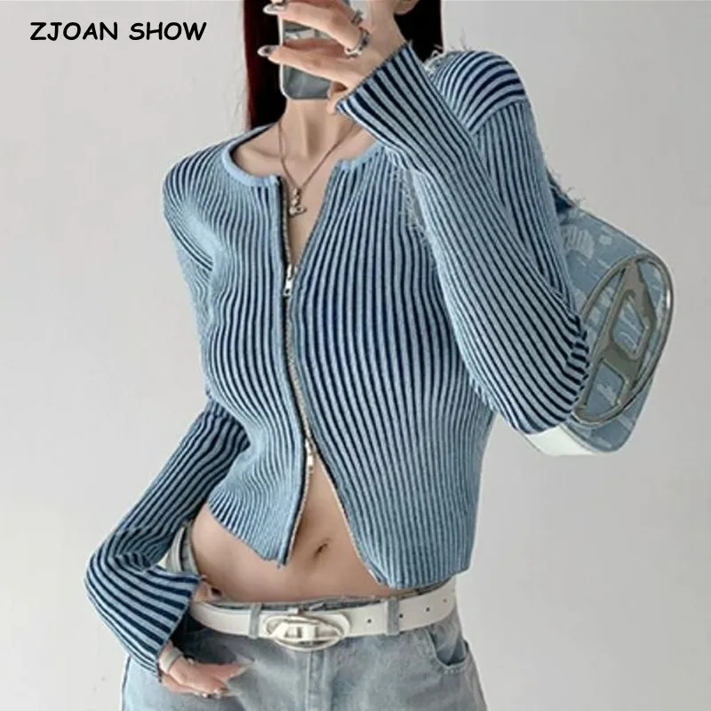 Y2K Double Open Zipper Knit Cardigan Woman Clash Spice Girls