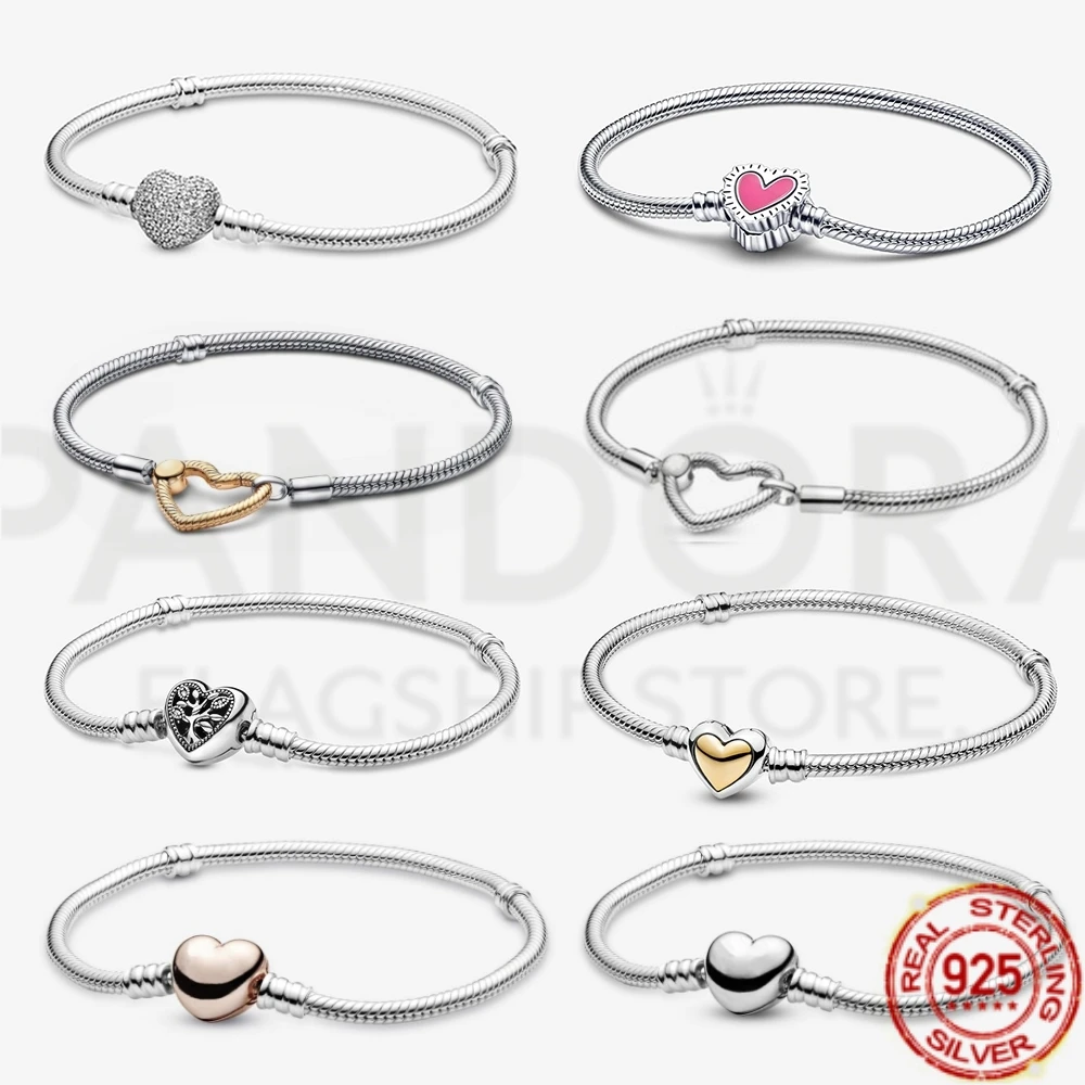 925 Sterling Silver Heart Bead Bracelets Love Snake Chain for Original DIY Charms Gold Bracelet Women Jewelry Making Gift 2024 new 925 sterling silver original logo women s moments woven bracelet and multiple snake bone chain bracelet diy jewelry gift