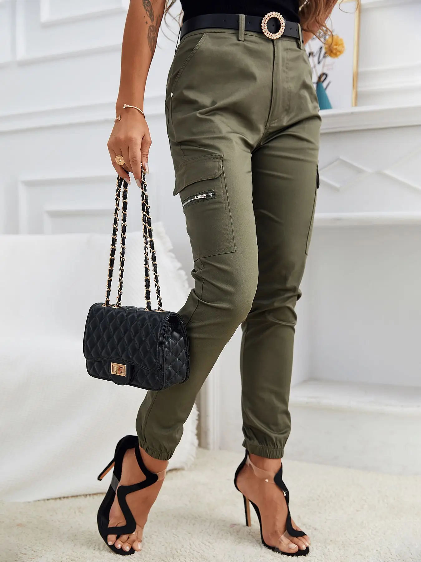 

Fashion Women Casual Cargo Pants Daily Wear Solid Color Trousers Zipper Pocket Design Casual Pants Without Belt