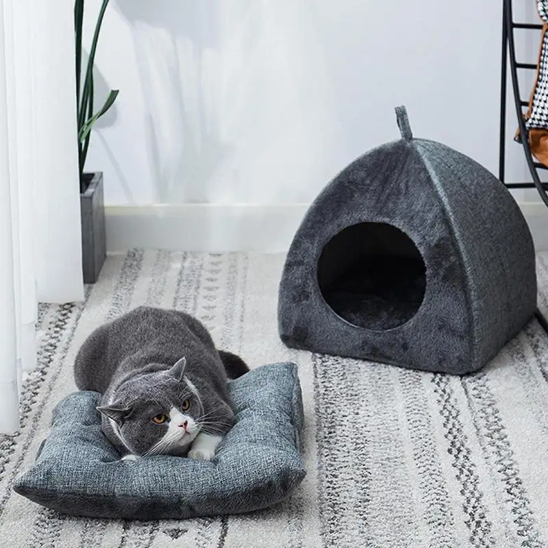Cozy Foldable Cat Dog Cave Bed with Washable Pad