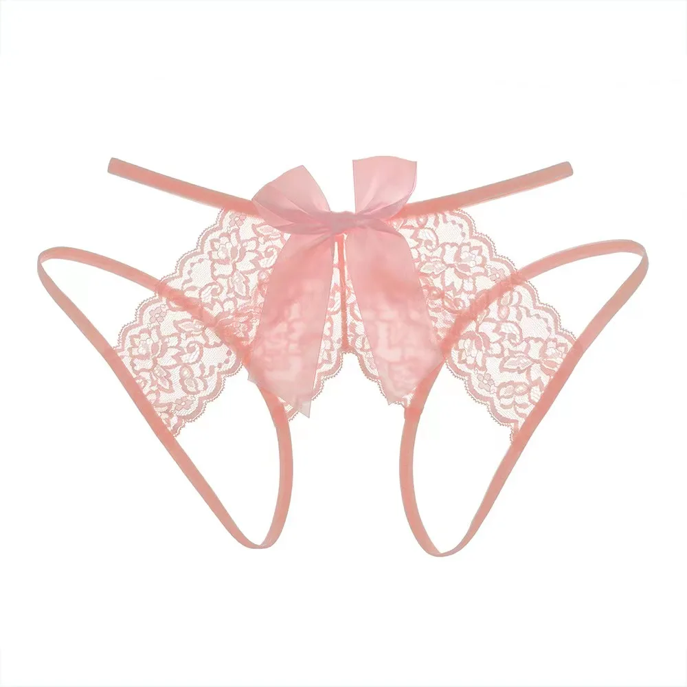 Seductive Teasing Underwear Rear Bow Ribbon Soft Lace Briefs Erotic Open Crotch Panties Female Hot Hollowed Out Thong Lingerie