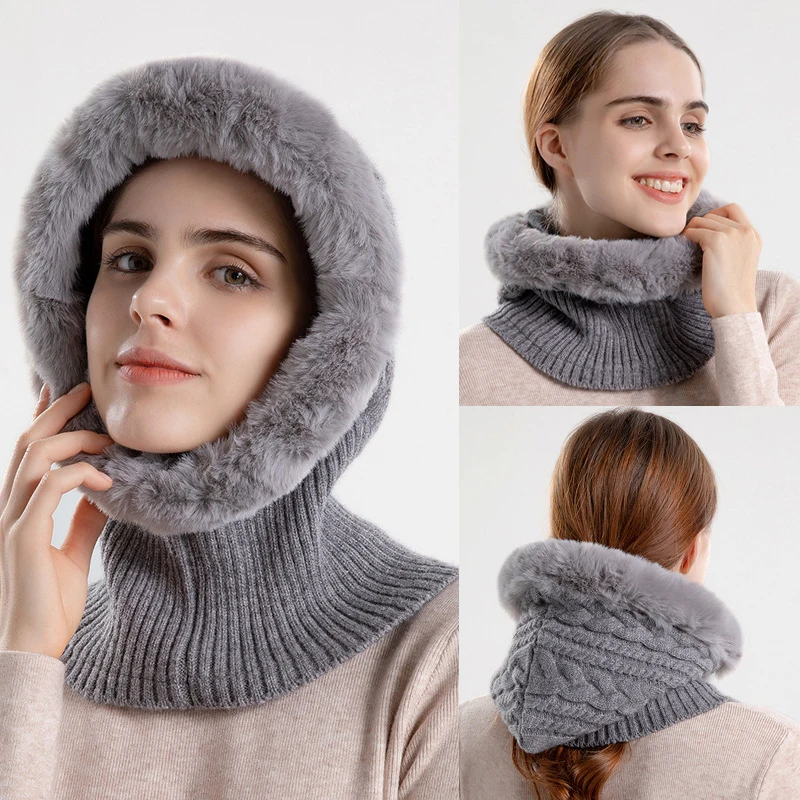 

Women's Knitted Conjoined Hats Winter Warm Multifunction Scarf Hat Sets Thick Plush Outdoor Cycling Ski Cap Neck Guard Cap