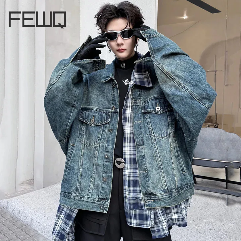 

Мужская джинсовая куртка в клетку FEWQ, короткая джинсовая куртка контрастных цветов с отложным воротником в стиле пэчворк, новинка 9C4762
