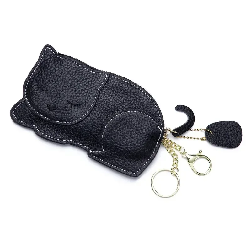 Genuine Leather Coin Purses Women Cartoon Cute Cat Zipper Key Holder Thin Purse Fashion Girls Coin Wallet Kids Change Pouch Bag
