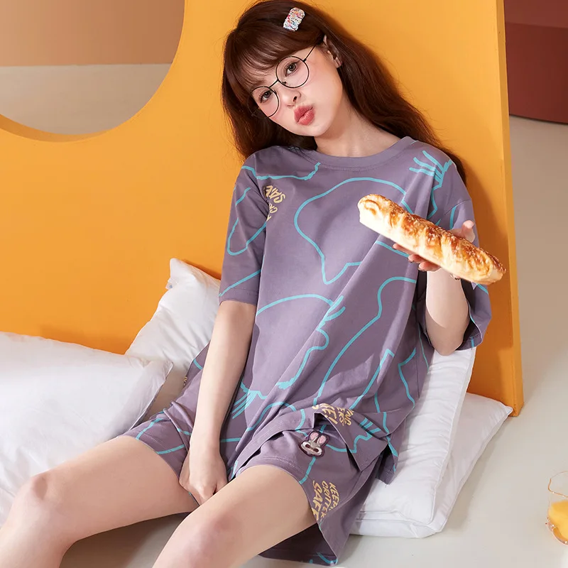 Summer Thin Short Sleeved Elegant Women's Pajamas Set round neck Sexy Black Nightwear Plaid Sleepwear Lounge Homewear Fashion