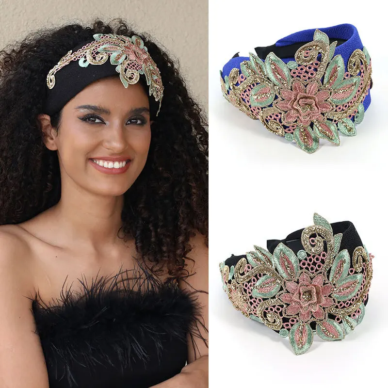 

New Simple Design Embroidery Flower Headband European and American Wide-Brimmed Toothed Non-Slip Hairband Headdress