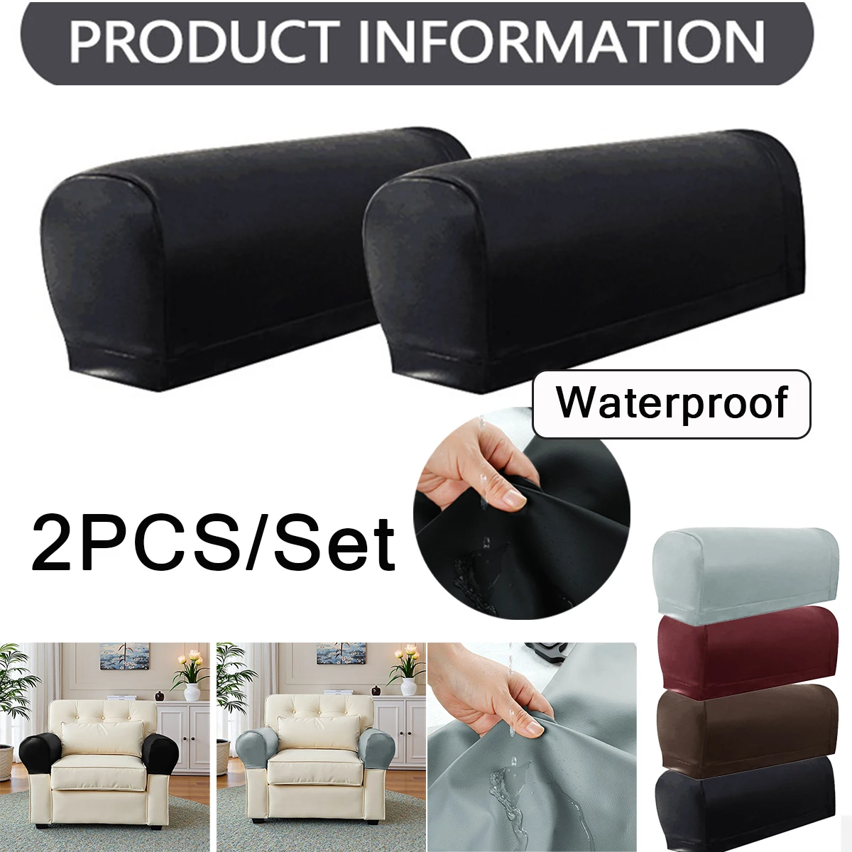 Waterproof  2pcs/set Removable PU Leather Stretch  Armrest Covers Set Chair Sofa Arm Protectors Armchair Covers Pet-Friendly