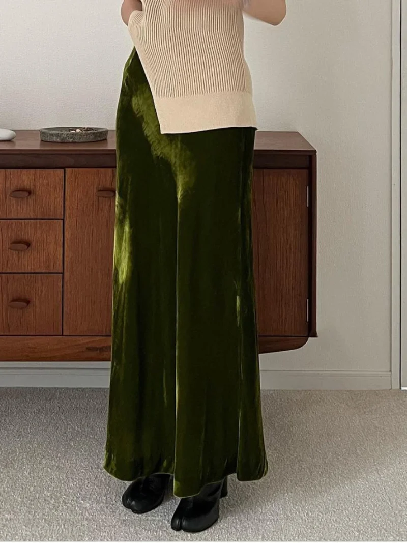 Vintage Fashion Elegant Velvet Skirts Women High Waist Slim Long