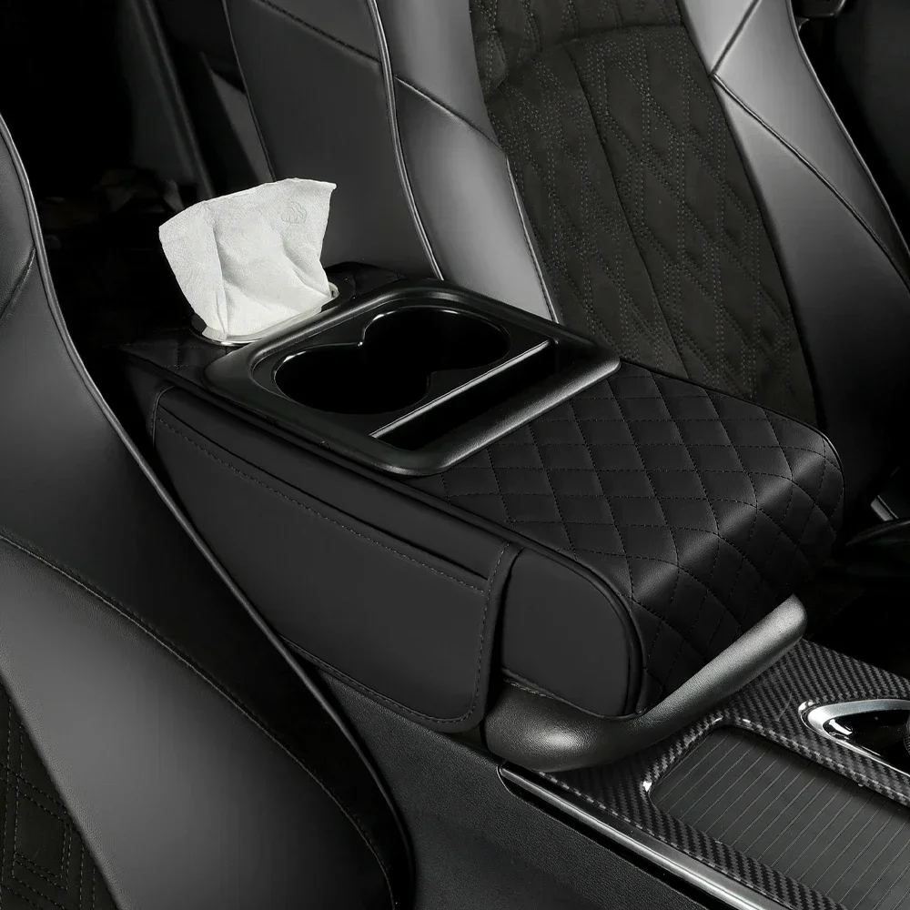 Car Center Console Armrest Cushion Thicken Arm Rest Box Pad Side Extension Cushion with Cup Holder Tissue Box Organizer Bag