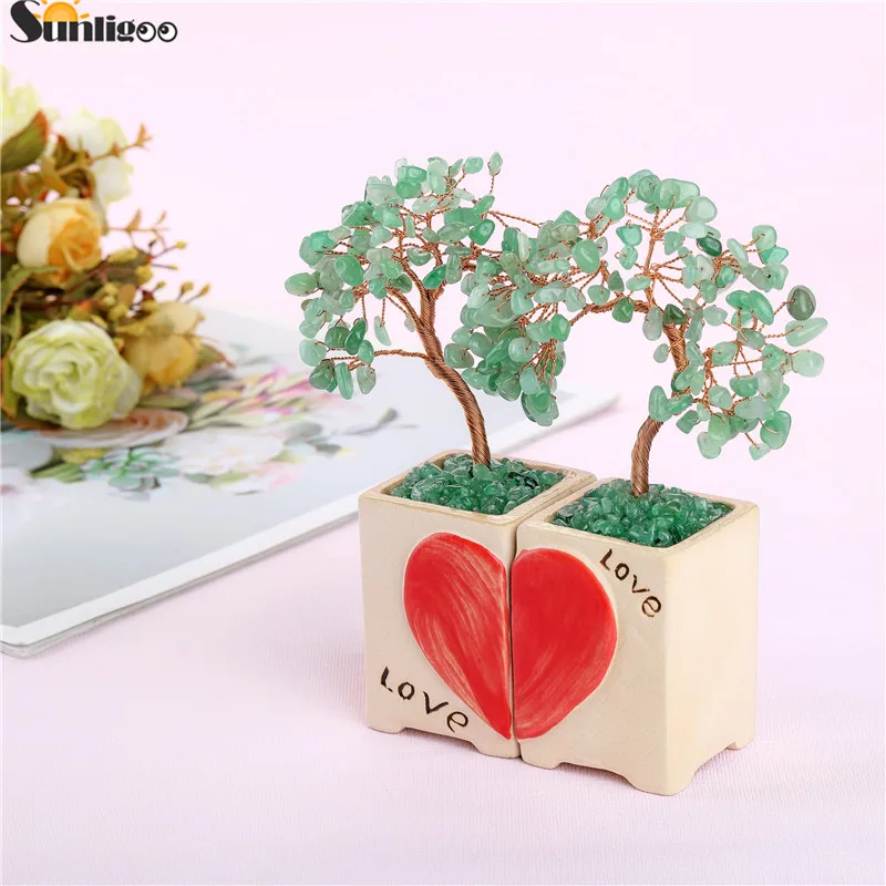 Sunligoo Gemstones Love Heart Money Tree Feng Shui Ornaments Crystal Bonsai Lucky Trees Ceramic Vase Office Desk Home Decor Gift