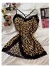 Leopard Silk Satin Women Nightgown Sleeveless Side Split Lace Sleepwear V Neck Sexy Nightwear Female Homewear Cloth Pajama Dress 1