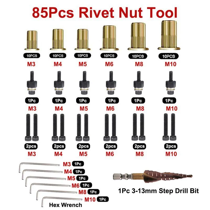 

85Pcs Rivets Nut Tool Carbon Steel Rivuts Flat Head Knurled Inserts Kit With Mandrel Step Drill Bit Wrench M3 M4 M5 M6 M8 M10