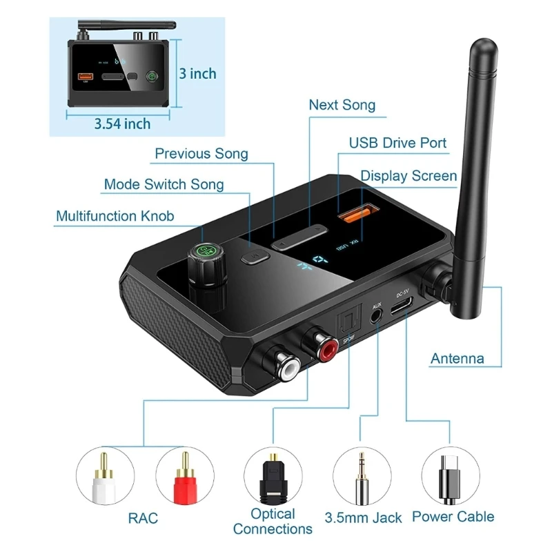 Bluetoothcompatible 5.3 Audios Receiver USB U Disk Play Wireless Adapter with AUX 3.5mm RCA Optical Jacks For Car Speaker