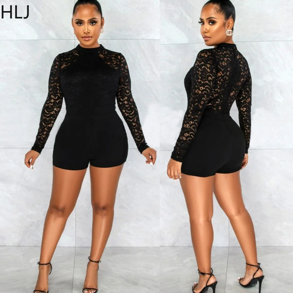 HLJ Fashion Lace Splicing Bodycon Rompers Women Round Neck Long Sleeve Slim Jumpsuits Female Solid Color Party Club Playsuits