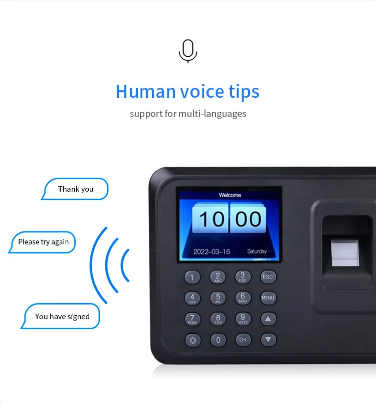 Office Fingerprint Attendance Machine Password Punch-in Apparatus English Spanish Portuguese Language Electronic Sign-in Device