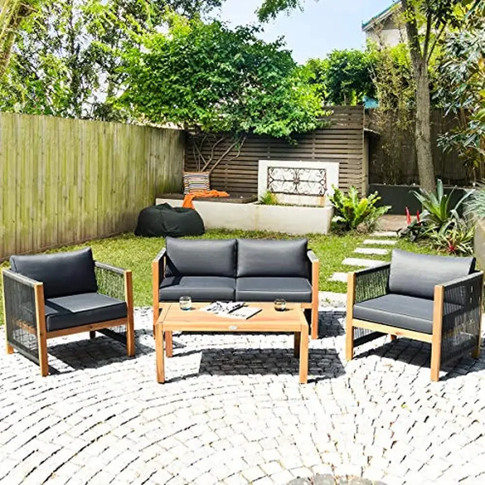 Outdoor Acacia Wood Furniture Set Loveseat Sofa 2 Single Chairs Coffee Table 4 Piece Conversation Set Grey with Cushions 3