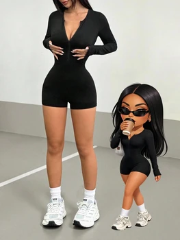 Spicy Style Black Zippered Jumpsuit Shorts - Stretchy Slim Fit + Long Sleeves, Skin-Friendly, Versatile and Timeless for Daily C 1