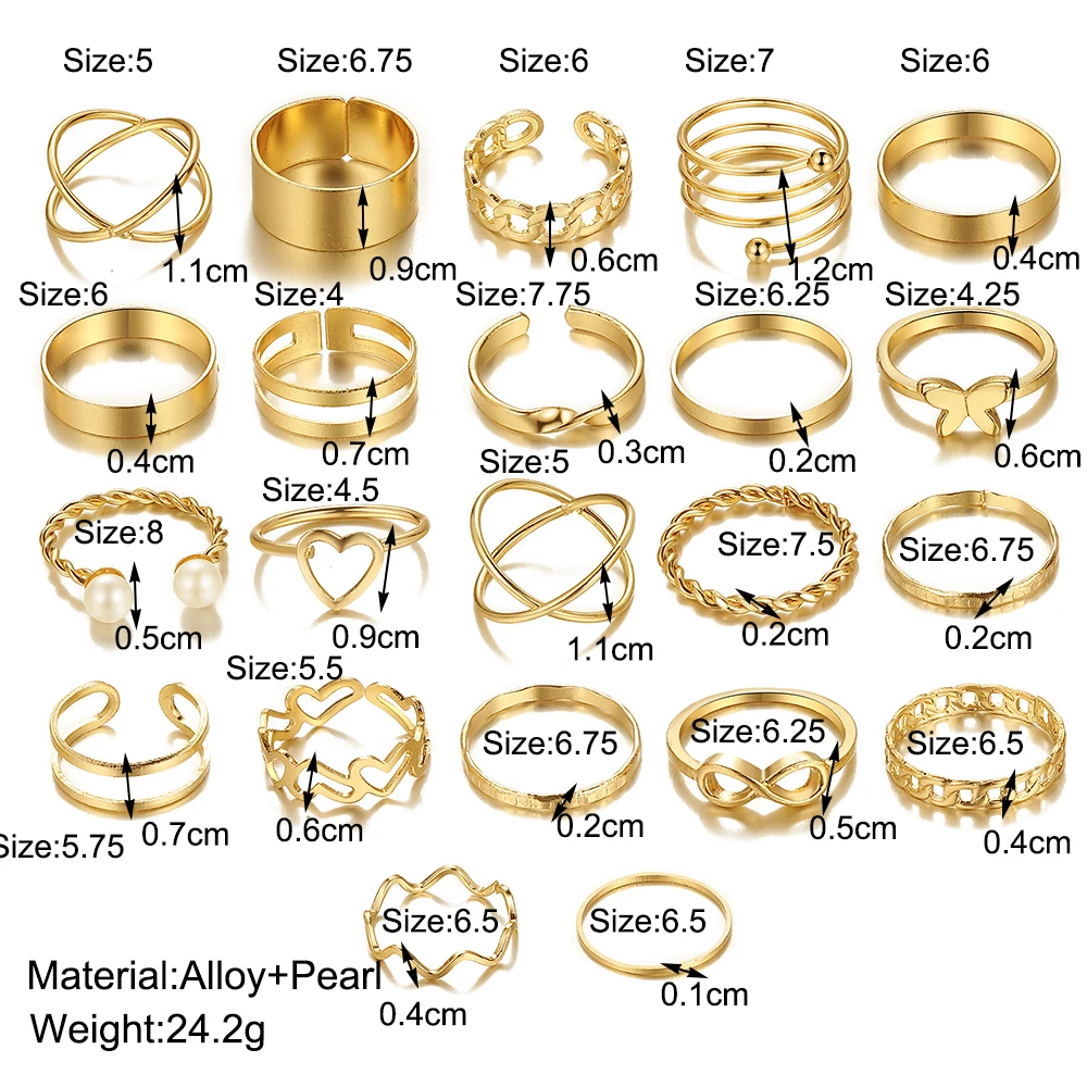 Boho Gold Color 22pcs Heart Rings Set For Women Vintage Geometric Cross Pearl Butterfly Finger Ring Women's Trendy Jewelry