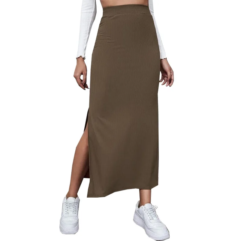 スカート ALANUI Women Mid Skirts LWHL024R25KN I001 7500 BROWN 2024 New Autumn Women's Skirt Solid Color High Elastic Hip