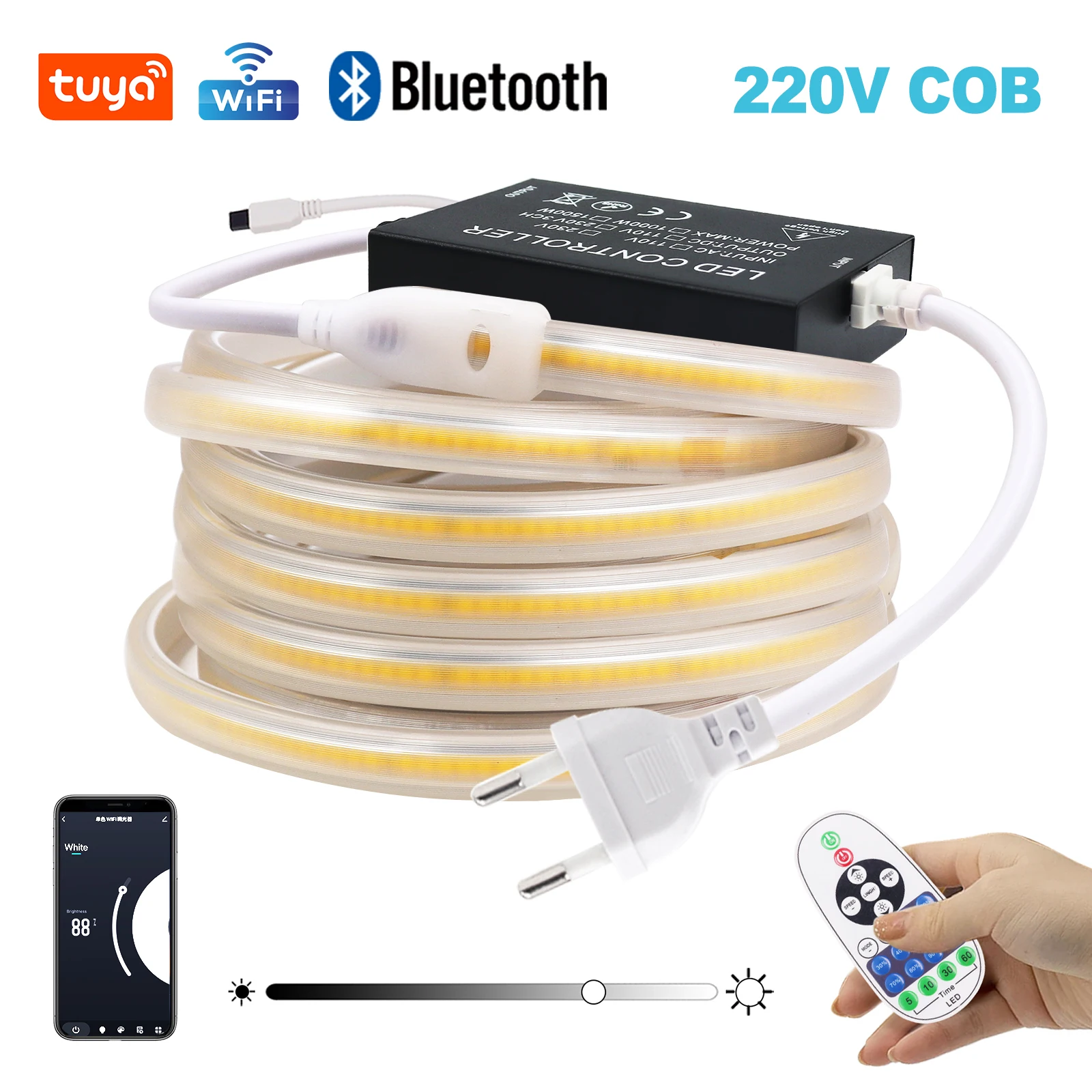 

Dimmable COB LED Strip Light 220V Tuya WiFi LED Strip with Remote 288LEDs Waterproof Bluetooth Flexible COB Linear Light EU Plug