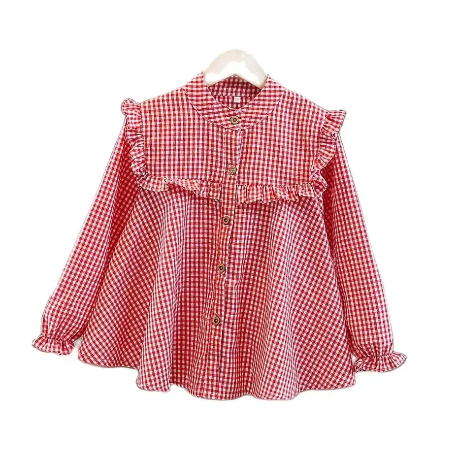 Girl's shirt Spring and Autumn children's long sleeved plaid shirt Youth casual bottom 3-12 years old blouse