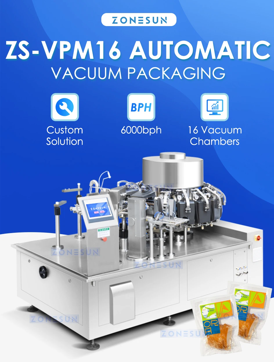ZONESUN Automatic Rotary Filling Vacuum Sealing Packaging Machine ZS-VPM16