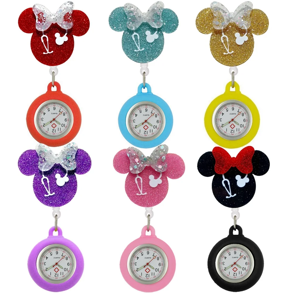 Cartoon Shiny PVC Stethoscope Bowknot Pattern Nurse Doctor Retractable Pocket Watches Hospital Medical Clips Gift Clocks