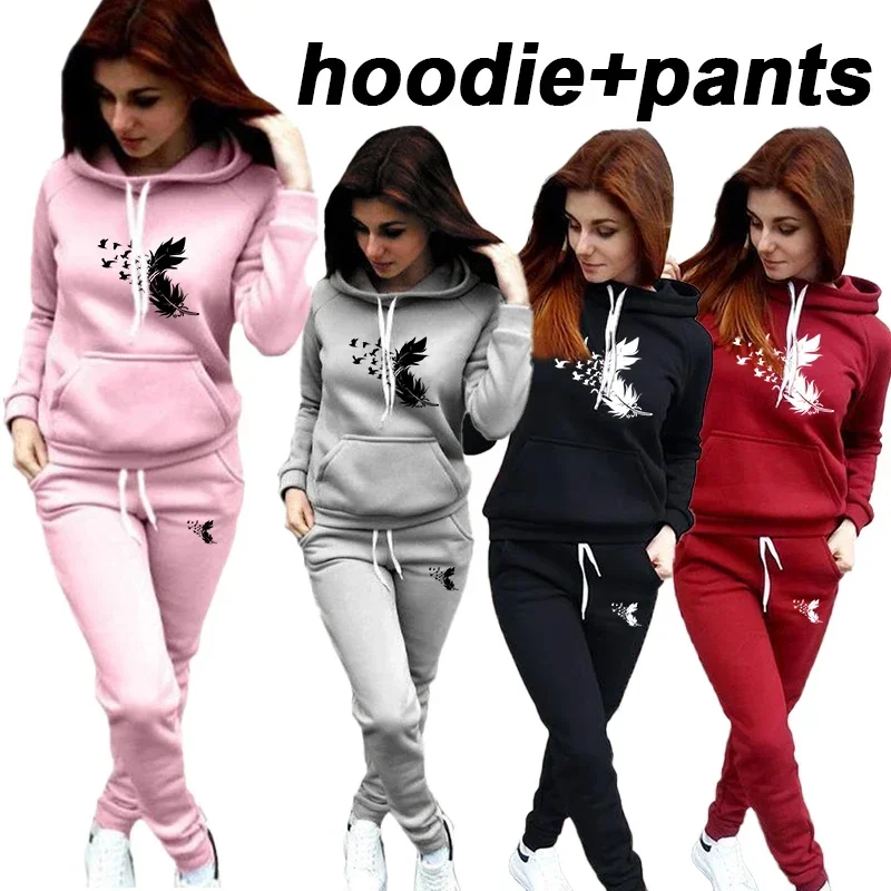 Women Tracksuit Feather Printed Hooded Sweatshirt+Sweatpants 2 Piece Set Autumn Winter Female Fleece Thick Sweatsuit Sportswear