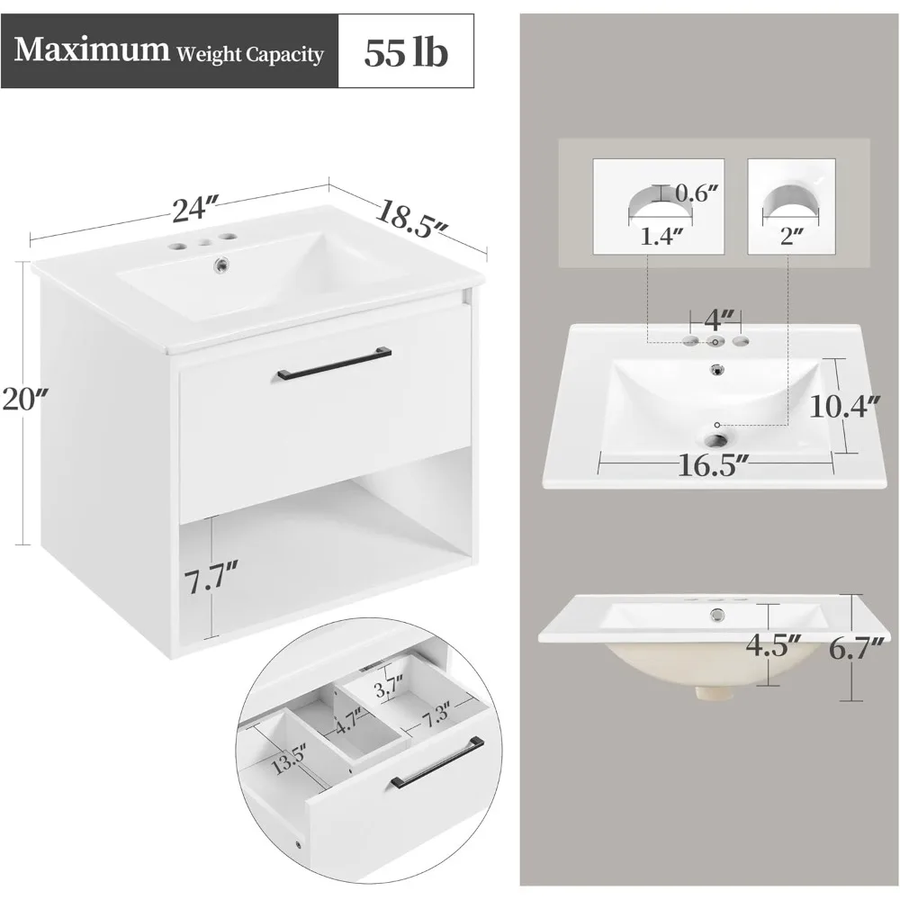 24" Bathroom Vanity with Sink, Wall Mounted Bathroom Sink Cabinet , Modern Clearance Bathroom Vanities with Sink Combo Set 2