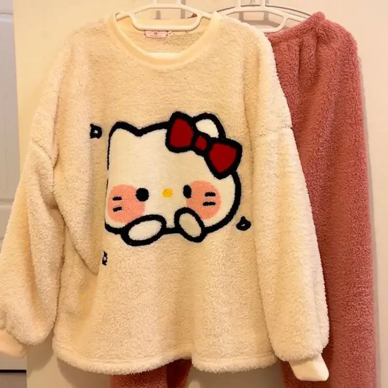 

Sanrio Hello Kitty Cinnamoroll Pajamas Kawaii Anime Cartoon Woman Autumn Winter Coral Fleece Keep Warm Girl Homewear Set Gift