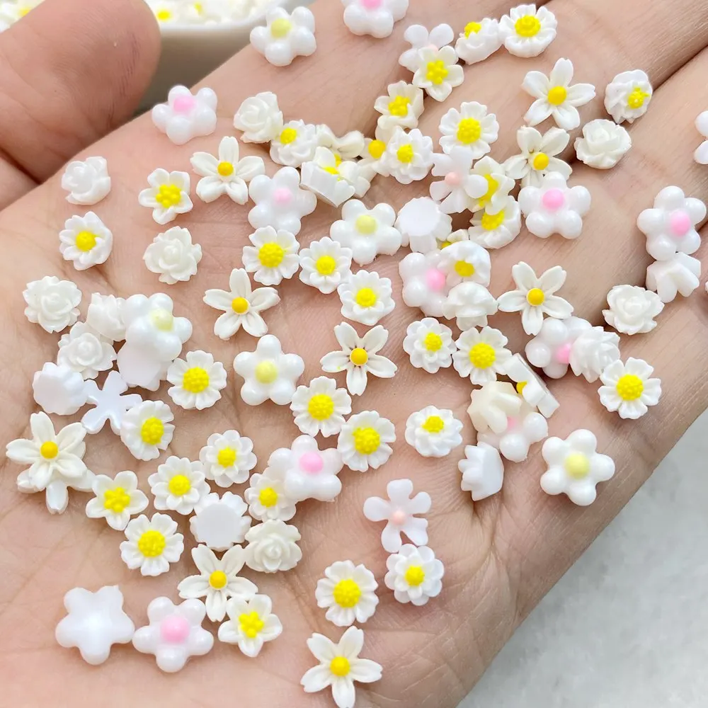 Ornament Crafts Resin Crafts 100Pcs Cute Resin Mini Colorful Small White Flower FlatBack Cabochon Ornament Jewelry Making Manicure Hairwear Accessories