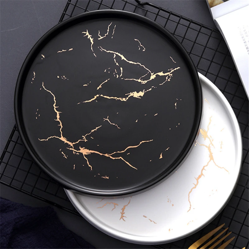 

20cm Marble Ceramic Plate Black White Striped Round Steak Dinner Plates Kitchen Utensils Porcelain Creative Dessert Snack Dish