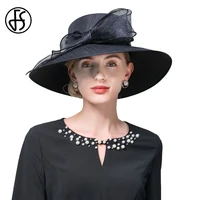FS Female Elegant Church Black Hats For Women Formal Occasion Wide Brim Kentucky Cap Ladies Tea Party Millinery With Big Bowknot 1