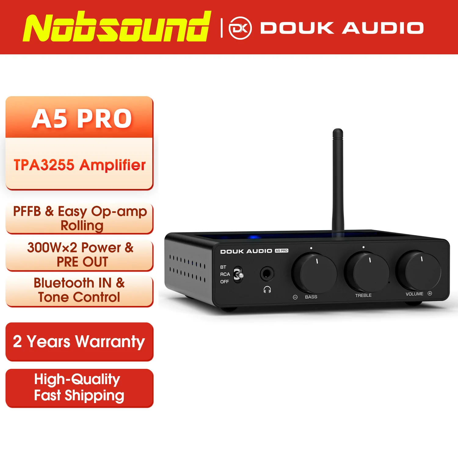 Nobsound Bluetooth Receiver HiFi TPA3255 Power Amplifier Desktop