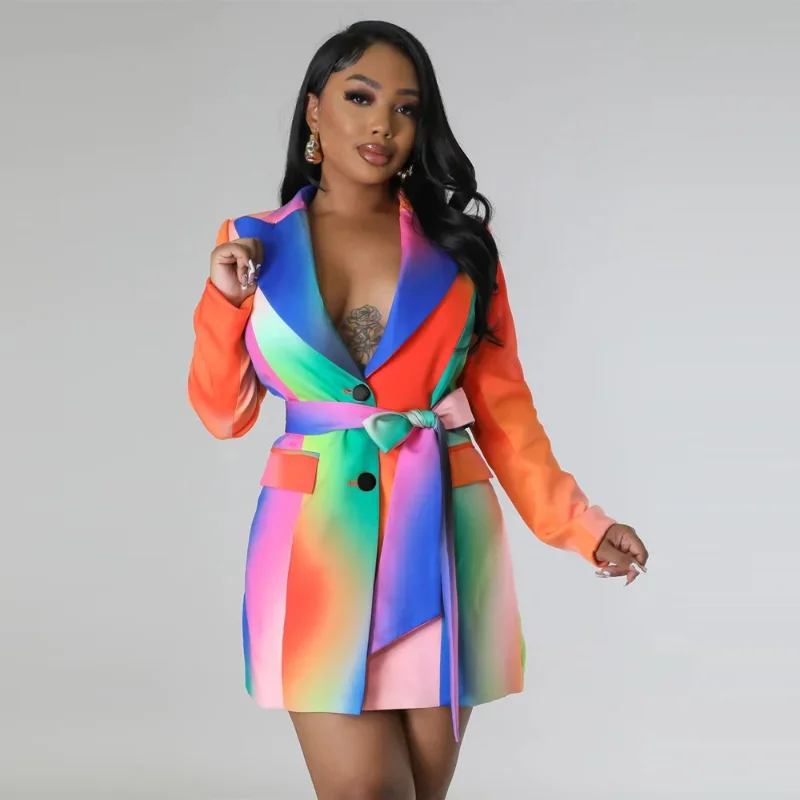 

WUHE Rainbow Tie Dye Long Sleeve with Sashes Notched Bodycon Midi Dress 2024 Sexy Party Notched Neck Vestidos Women Dresses