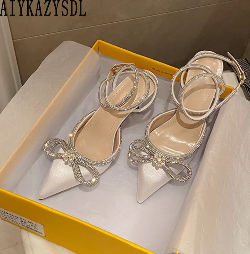 

AIYKAZYSDL 2022 модные женские туфли с бантом-бабочкой блестящие стразы на высоком каблуке прозрачные атласные туфли лодочки Лоскутные туфли с перекрестными завязками