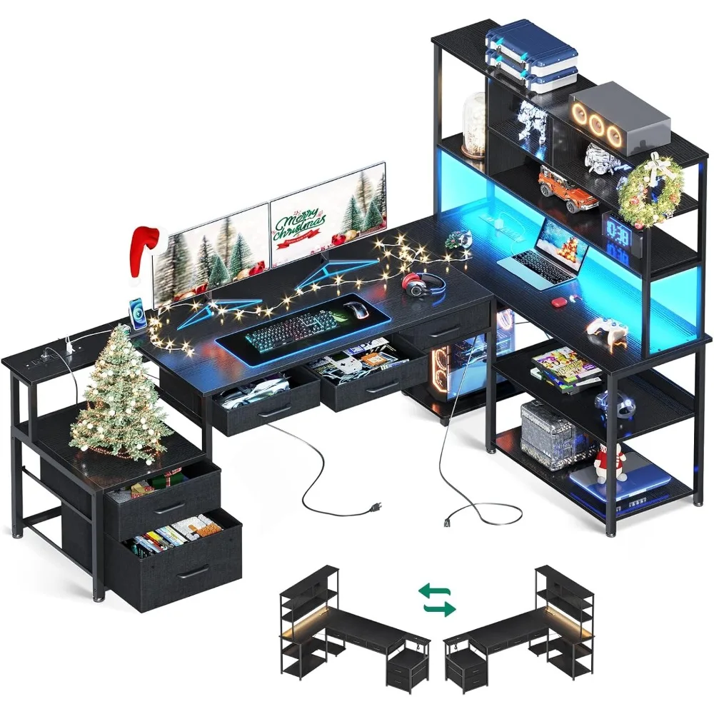 79 inch L Shaped Desk with File Drawers, Reversible L Shaped Gaming Desk with Power Outlets & LED Lights, Computer Desk wit 2