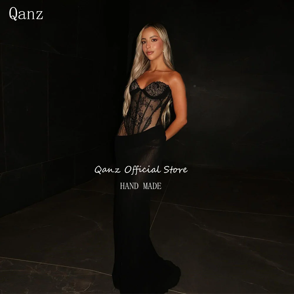 Qanz Mermaid Black Evening Dresses Sweetheart Lace Appliques Sexy Corset Vestidos De Fiesta Chiffon Party Prom Dress Customized