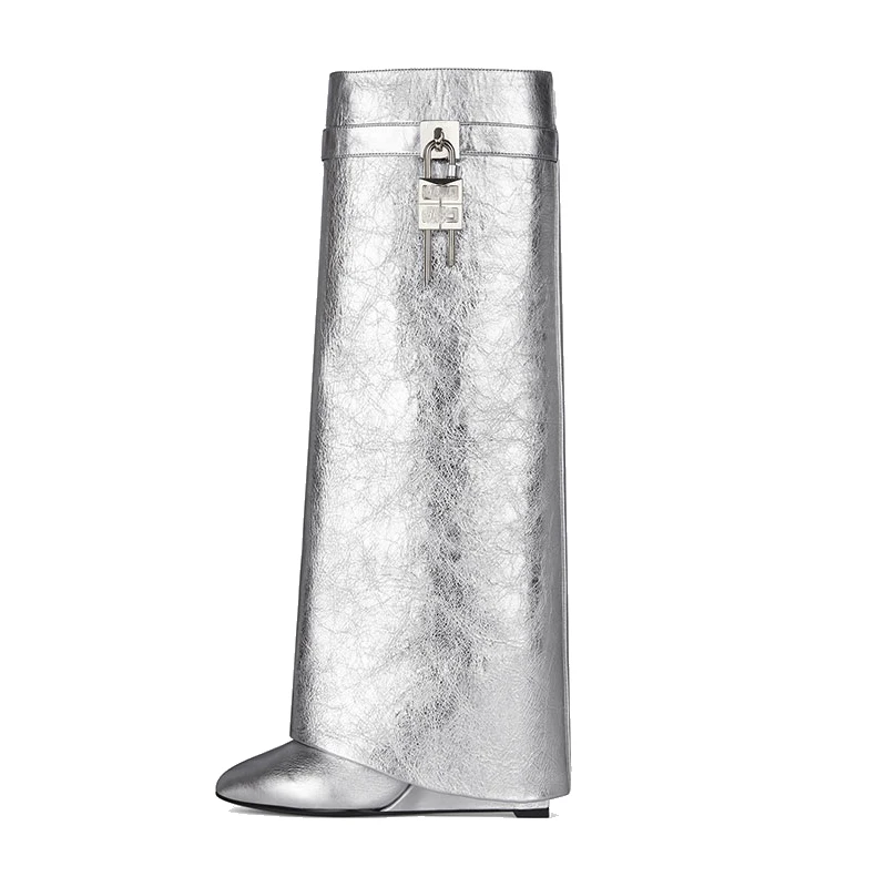 

Autumn Winter 202 New Women's Long Boots Wedge Heel Knee Length Boots Fashion Metal Lock Buckle Silver Genuine Leather Shoes
