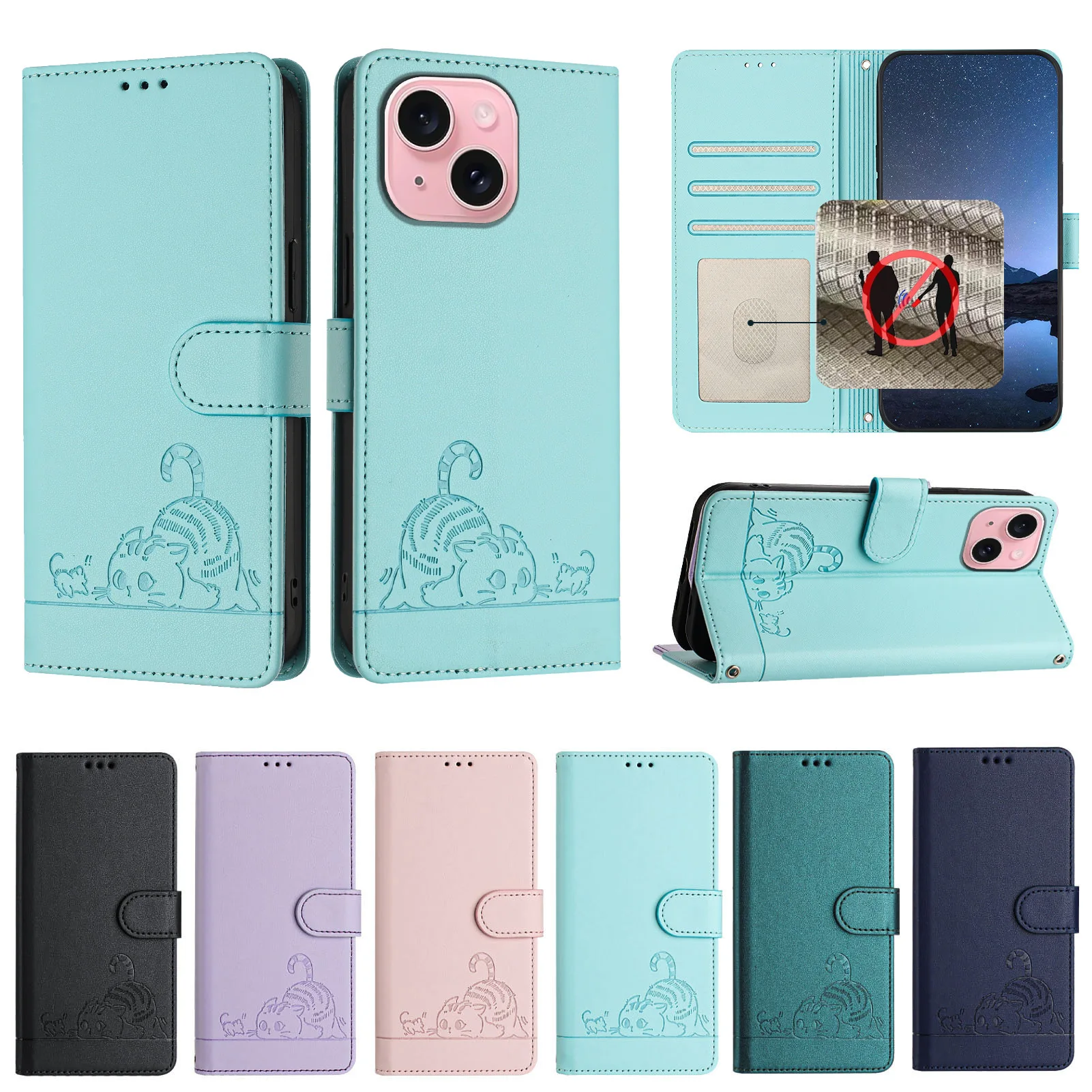 Charming Cat Crossbody Leather Wallet Phone Case with Lanyard and Card Slots
