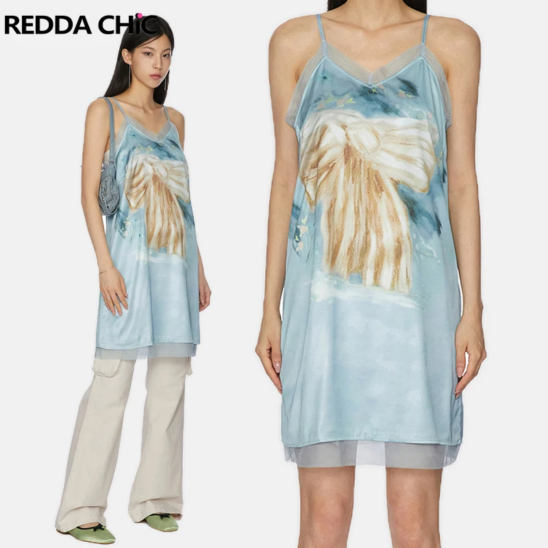 

ReddaChic 2 Wears Summer Women Desire One-piece Y2k Aesthetic Bow Print Lace Trim Draped Satin Top Camisole 90s Retro Mini Dress